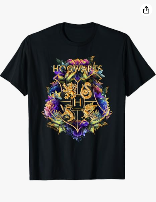 Harry Potter Hogwarts Multi-Colored Floral Crest Long Sleeve T-Shirt