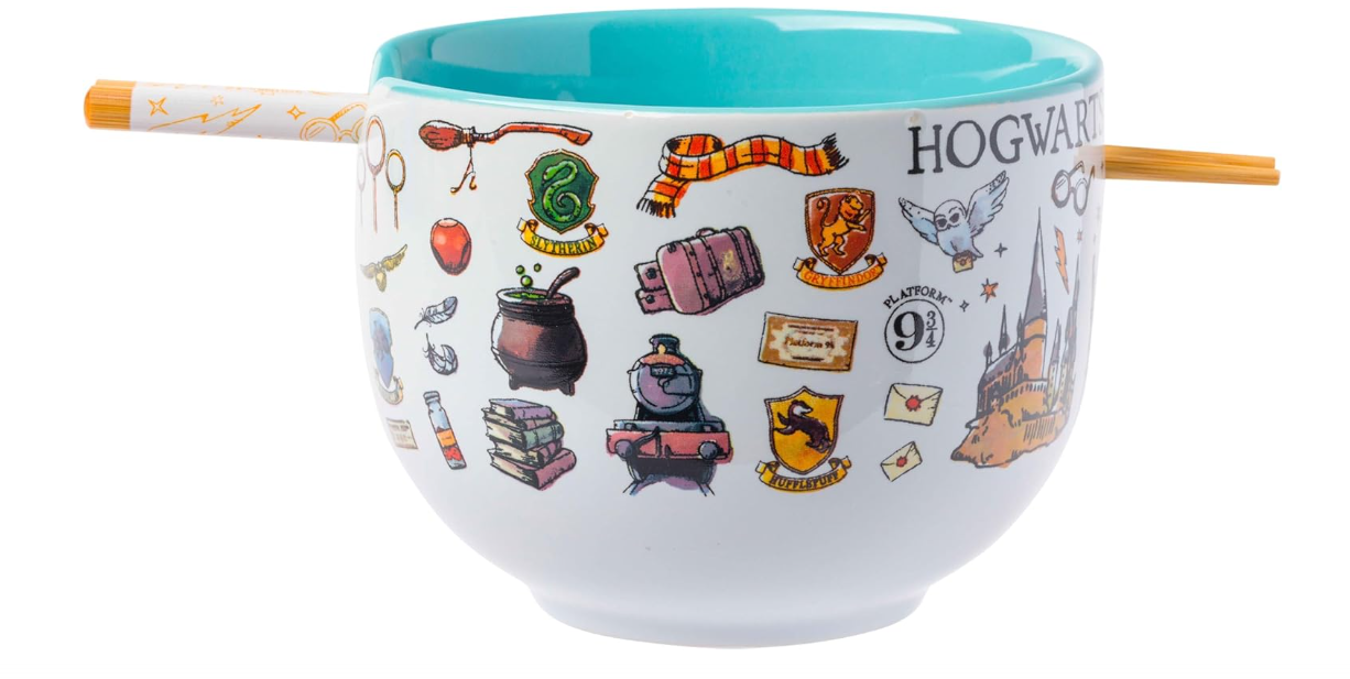  Silver Buffalo Harry Potter Icons Ceramic Ramen Noodle Rice Bowl with Chopsticks, Microwave Safe, 20 Ounces