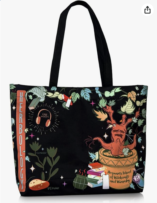 CON*QUEST Conquest Journals Harry Potter Herbology Tote Bag, Woven Polyester, Inside Pocket, Wand/Pen Loop, Snap Closure, Patterned Inner Lining, 18'' x 14'' x 4'', Officially Licensed