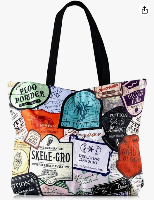 CON*QUEST Harry Potter Potions Labels Tote Bag, Durable Woven Polyester, Snap Closure, Patterned Inside Pocket, Elastic Wand/Pen Loop, 18''x14''x4'', Officially Licensed Wizarding World Merchandise