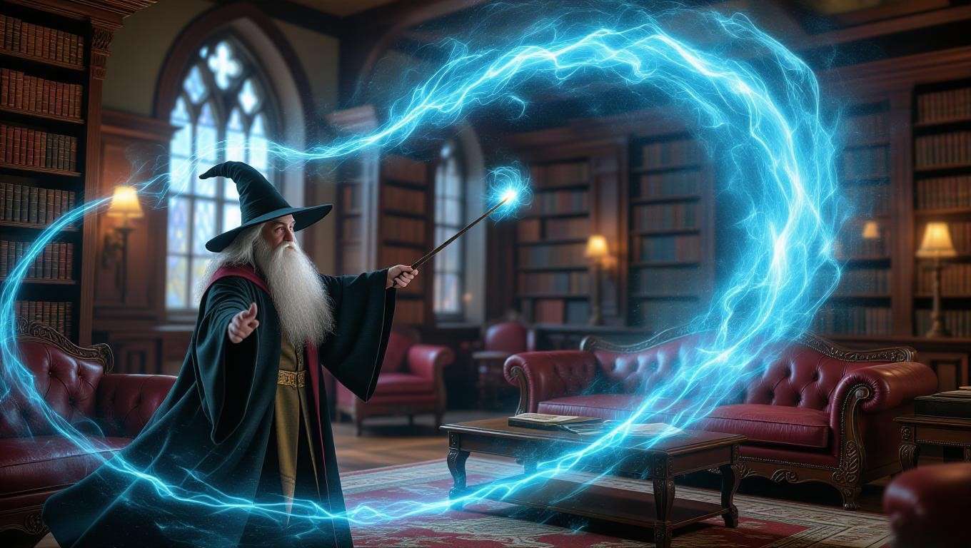Wizard using Tergeo spell to remove dust from a Harry Potter-inspired common room with bookshelves and sofas.