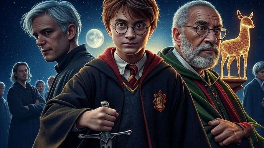 Harry Potter character arcs featuring Neville, Draco, and Snape with magical elements for ultimate all characters list.
