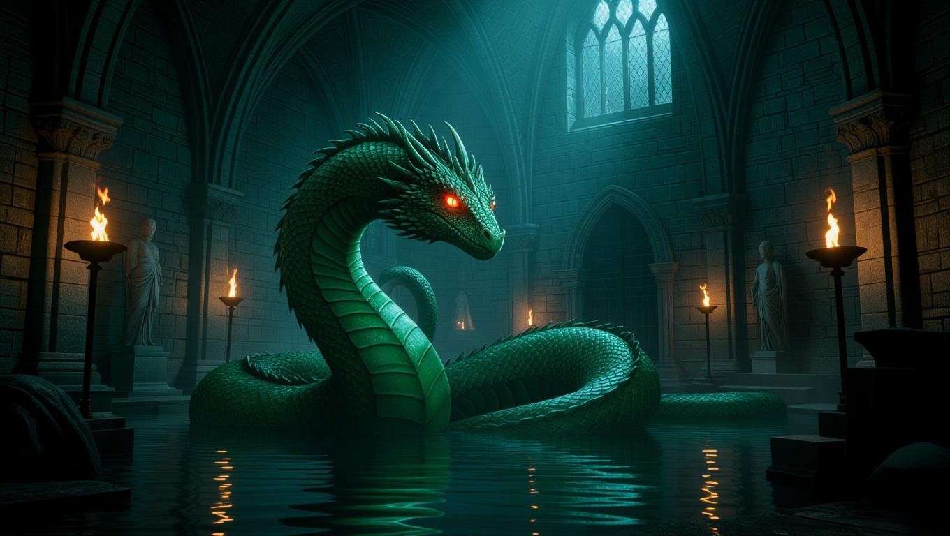 A massive Basilisk with green scales and crimson eyes coiled in the Chamber of Secrets, surrounded by stone statues and reflective water, evoking the dark magic of the Harry Potter universe.