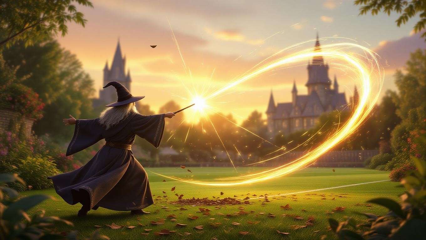 Wizard casting Tergeo Maximus to clean a wizarding garden and Quidditch pitch, inspired by Fantastic Beasts.