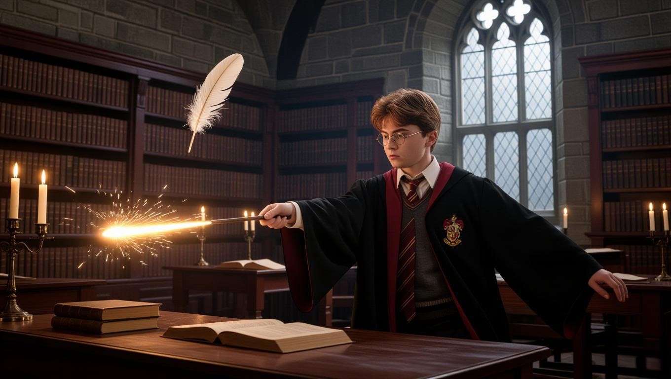 A Gryffindor student casting a spell with a glowing wand in a Hogwarts classroom, performing a swish and flick for Wingardium Leviosa. 