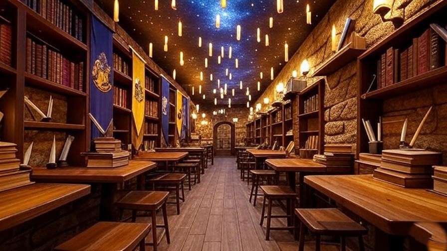 Cozy Harry Potter themed coffee shop interior with wooden tables, stone walls, Hogwarts house banners, and an enchanted starry ceiling.