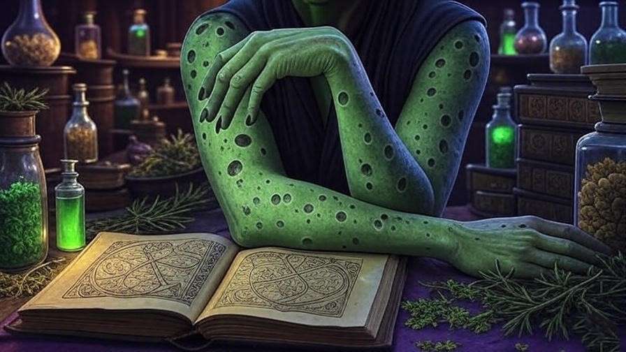 Close-up of a wizard’s arm with green skin and pockmarks from dragon pox, surrounded by potions and spellbooks in a magical apothecary. 