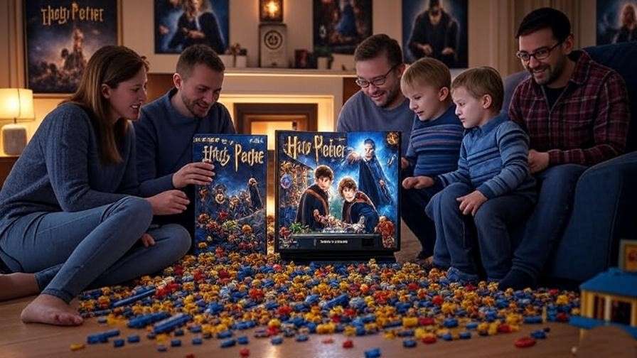 Family playing LEGO Harry Potter Years 1-7 on console with LEGO bricks and Harry Potter posters in a cozy room.