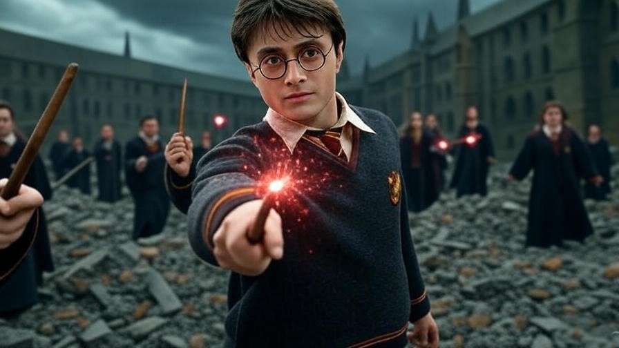 Dean Thomas using his wand in the Battle of Hogwarts, casting a spell amidst rubble, Harry Potter.

