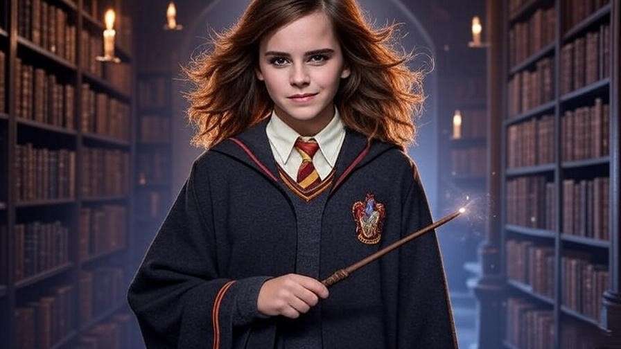 Young woman as Hermione Granger casting a spell in a magical Hogwarts library, surrounded by glowing books and floating candles. 