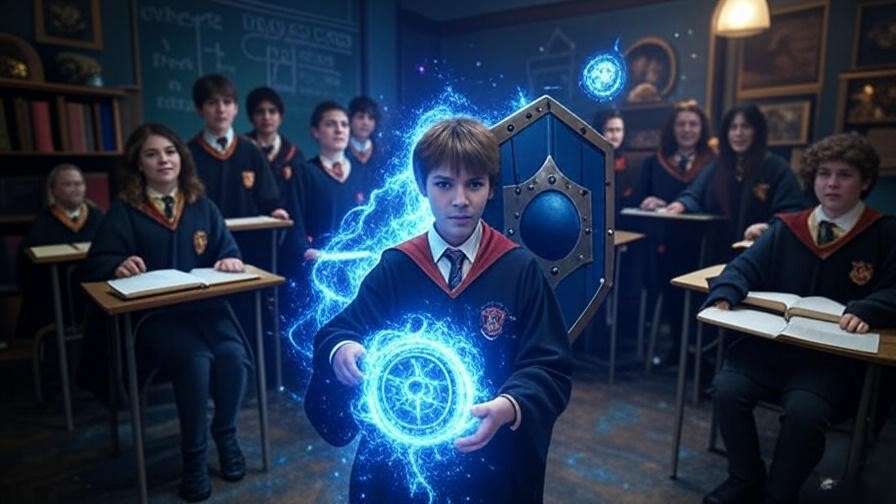 Hogwarts students practice Protego shielding spells in a lively Defense Against the Dark Arts classroom, deflecting colorful magical spells. 