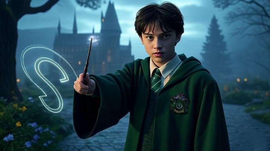 Young wizard in Slytherin robe with wand and time-turner, symbolizing Albus Potter's journey in Cursed Child.