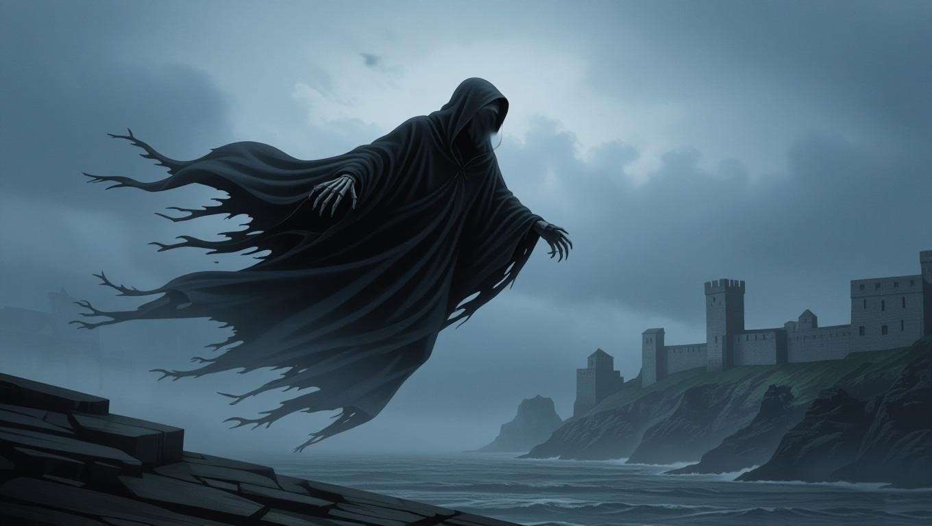 A cloaked Dementor glides over a foggy Azkaban prison, surrounded by jagged cliffs and a stormy sea in a chilling Harry Potter illustration. 