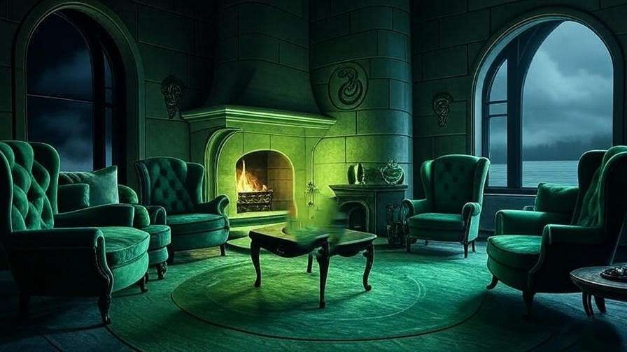 Moody Slytherin common room with Sorting Hat and serpent emblem, evoking ambition and Harry Potter meme culture.
