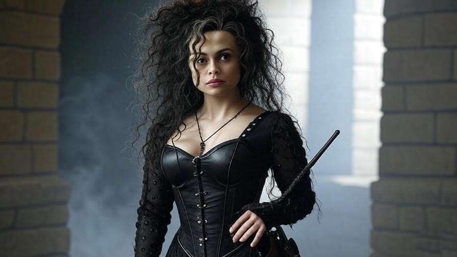 Bellatrix cosplay with corset dress and wand holster, gothic Harry Potter style.