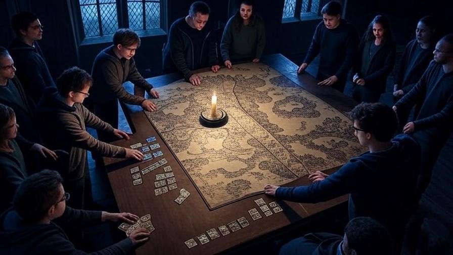 Strategic battle scene of Harry Potter Battle of Hogwarts with cards and Hogwarts map under stormy sky.