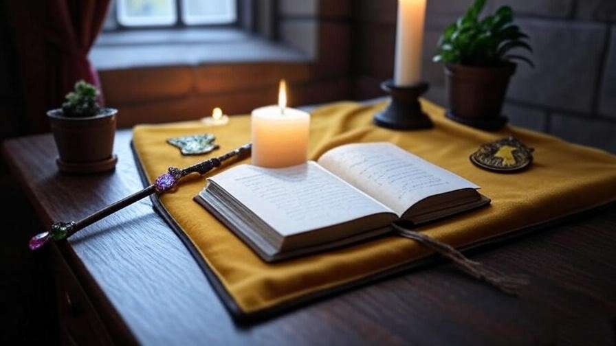 A Hogwarts-inspired altar with a wand, candle, and spellbook on a Hufflepuff-themed table, evoking magical consistency.
