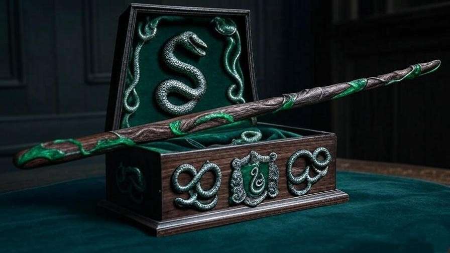 Slytherin-themed wand display case with a basilisk venom wand on a velvet stand, featuring green and silver accents and a snake emblem.
