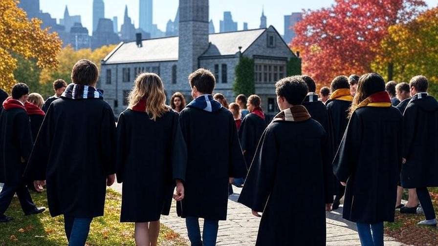 Harry Potter fans walking to Boston Public Library near Cambridgeside Galleria.
