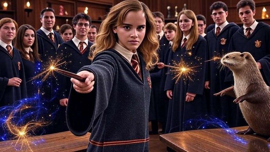 Hermione Granger leading Dumbledore’s Army in the Room of Requirement with magical spells.
