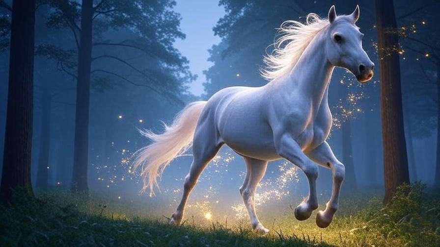 White mare Patronus galloping through a misty forest with glowing silver light