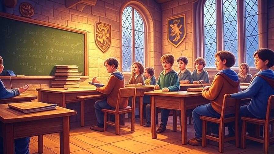 Whimsical Hogwarts classroom illustration with spellbooks, a wand, and magical symbols, capturing the playful spirit of Harry Potter character puns. 