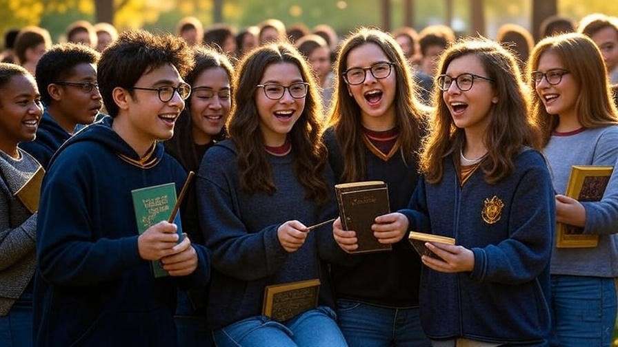 Vibrant fan gathering with Harry Potter books and wands in magical glow