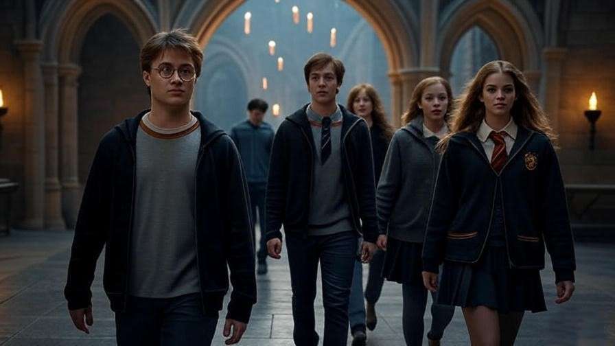 Hogwarts atrium with Harry, Ron, and Hermione under gothic arches.