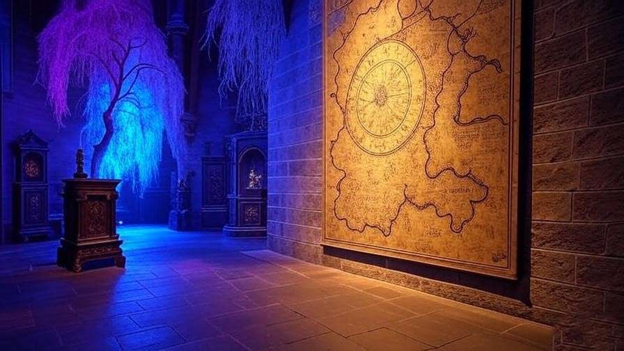 Hogwarts Castle gallery at Harry Potter Experience Dallas with Marauder’s Map and props.