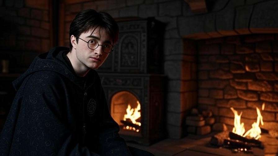 Young wizard by fireplace with Vanishing Cabinet from Half-Blood Prince