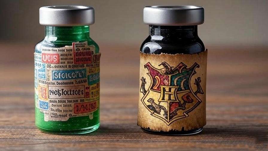 Comparison of a poorly designed and a well-crafted Polyjuice Potion label on glass vials.