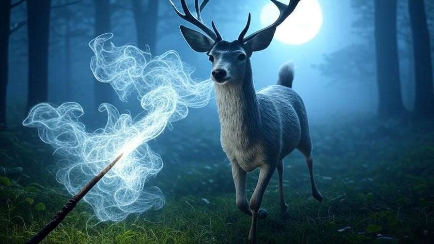 A silvery stag Patronus summoned by the Expecto Patronum charm in a moonlit forest, with a wand and glowing mist, showcasing charm casting in Harry Potter.