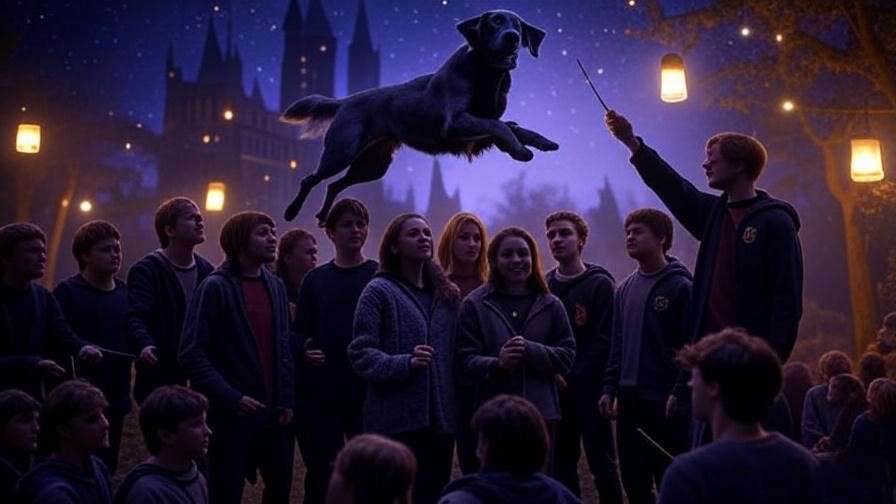 A silver black dog Patronus glows above a Harry Potter fan gathering, celebrating Sirius Black’s legacy in a magical setting.