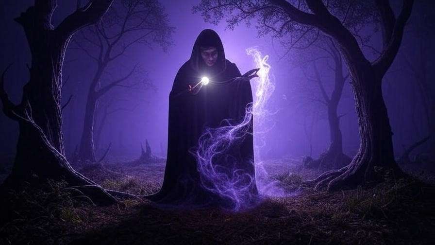 Cloaked figure with glowing unicorn blood in Harry Potter forest ritual