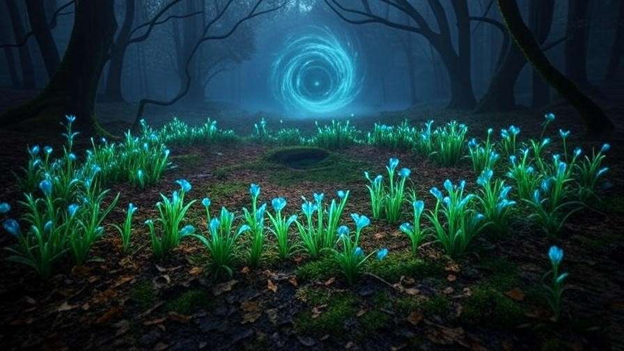 Glowing flora and magical portal in a Forbidden Forest clearing, Harry Potter fanfiction scene