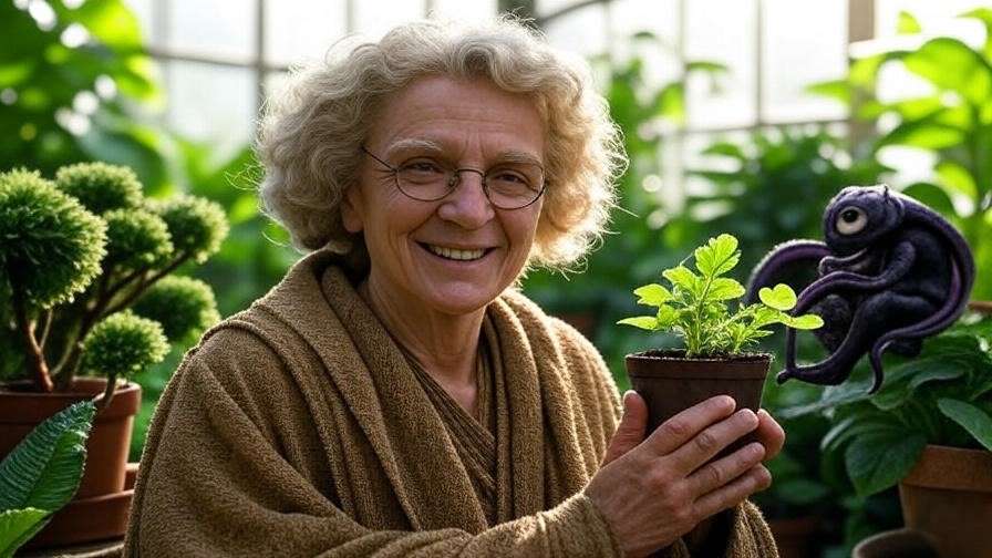 Professor Sprout in a Hogwarts greenhouse, holding a potted plant, surrounded by magical flora under soft sunlight.