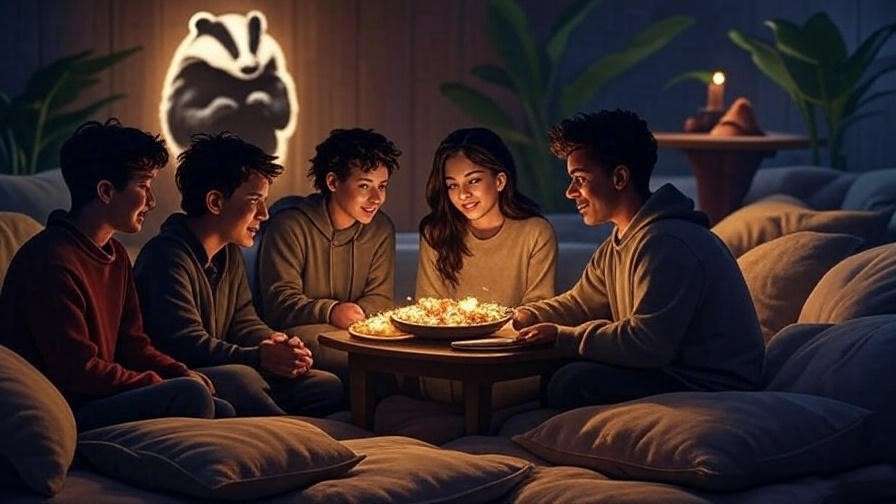 Cozy Hufflepuff common room with friends sharing snacks, a badger emblem, and the Sorting Hat, evoking loyalty for Harry Potter fans.