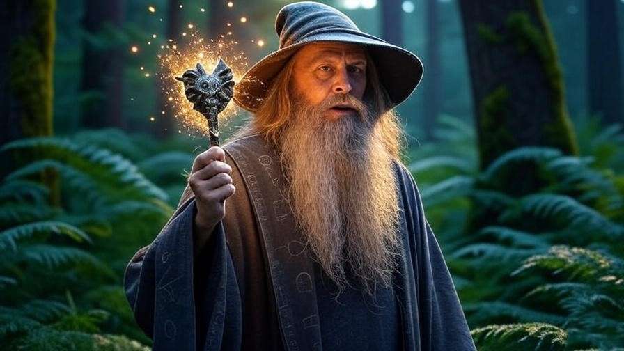 Wizard practicing spells with dragon heartstring wand in a lush forest with magical sparks