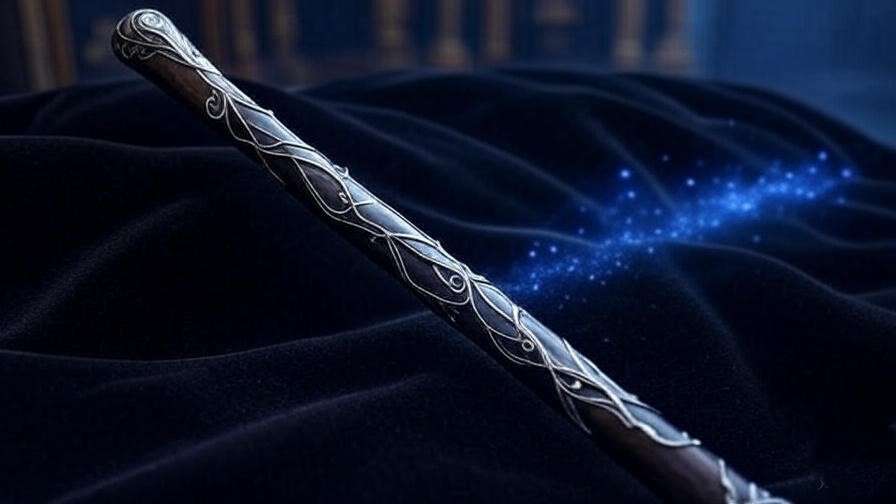 Close-up of an elegant dark ebony wand with silver inlays, resting on black velvet, symbolizing Narcissa Malfoy’s refined aesthetic in the Harry Potter series.
