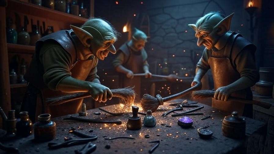 Goblin craftsmen forging broom handle with magical tools in a dim workshop with enchanted sparks.