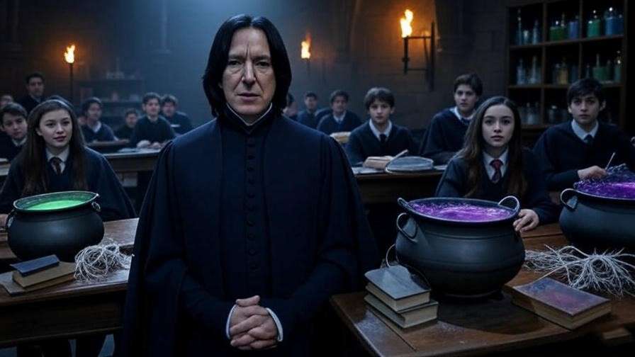 Snape teaching Shrinking Solution brewing in Hogwarts classroom with green and purple potions