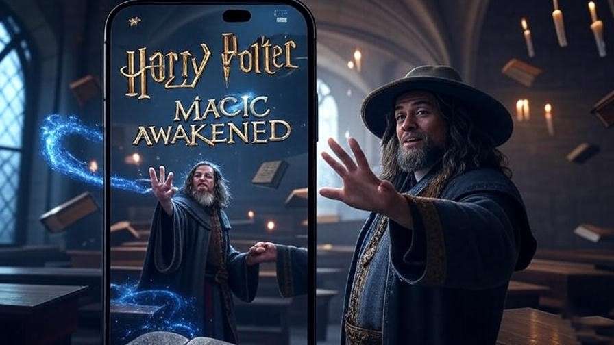 Mobile screen showing Harry Potter Magic Awakened spell casting in a Hogwarts classroom with floating books.