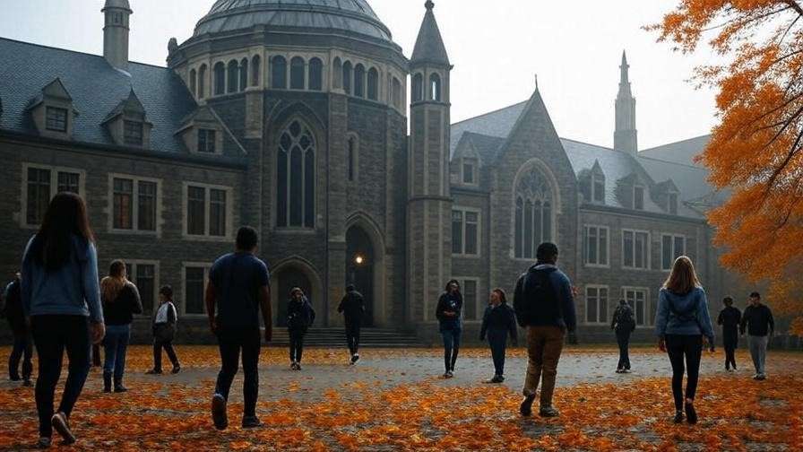 Gothic university building resembling Hogwarts in Virginia with autumn leaves.