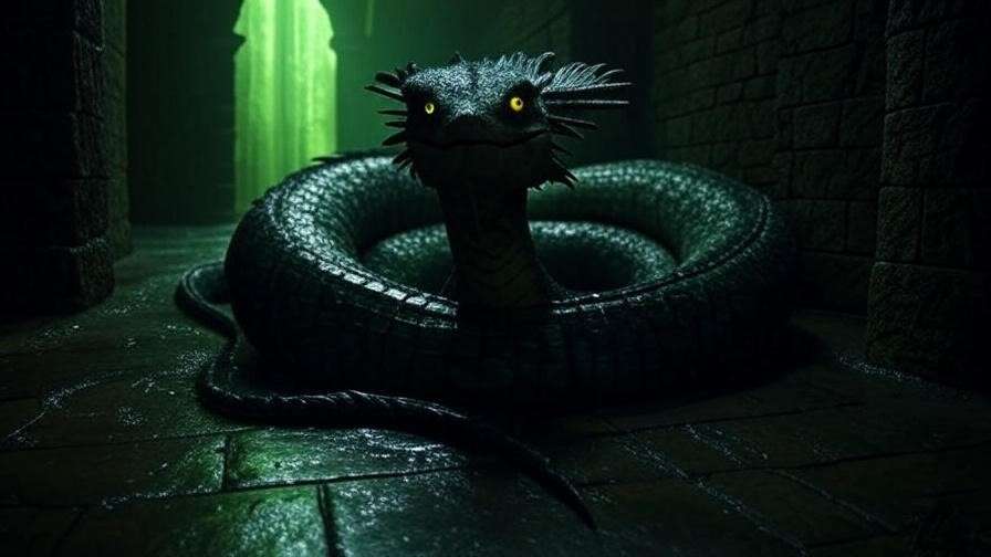 Menacing basilisk coiled in the dark, stone-walled Chamber of Secrets, with glowing yellow eyes and shimmering green-black scales.

