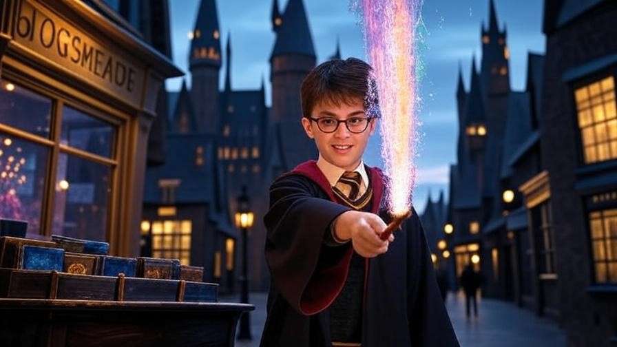  Fan casting a spell with an interactive wand in Hogsmeade before the Hogwarts Castle Light Show at Universal Orlando. 