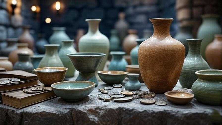 Whimsical pottery display with magical glow and historical artifacts