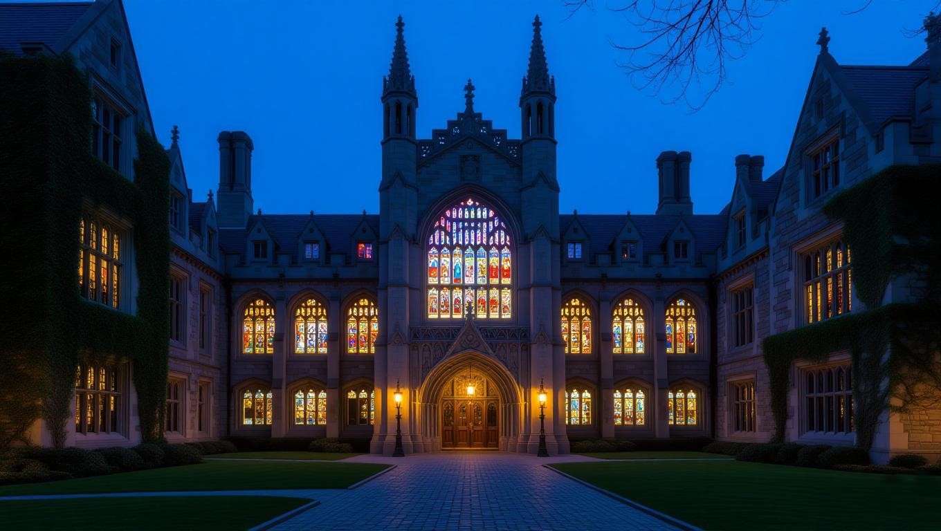 Gothic architecture of Yale University’s Sterling Memorial Library at dusk, resembling Hogwarts with pointed arches and stained glass windows. 