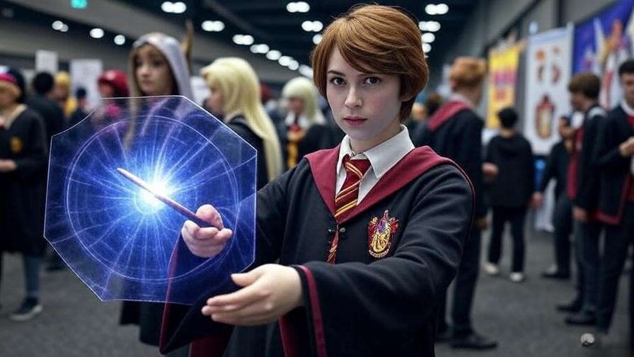 A Gryffindor cosplayer casts a glowing Protego spell at a Harry Potter fan convention, surrounded by vibrant fandom booths and decorations. 