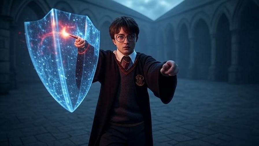 A young wizard casts a glowing Protego shield during a magical duel in a Hogwarts courtyard, deflecting a red spell against a stormy backdrop. 