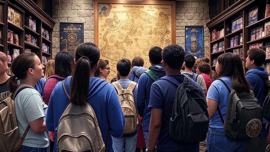 Marauder’s Map on display at Universal Studios with Harry Potter merchandise and fans.